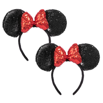 Chuangqi Mouse Ears Shiny Headband 3D Bow (Pack Of 2), Double-Sided Sequins Hair Band For Birthday Party Holiday Dress Up, Amuse