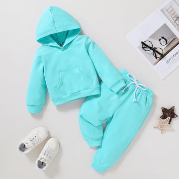 Happy Town Toddler Fall Outfits For Girl Boy Long Sleeve Hoodie Top And Long Sweatpants Set Toddler Sweatsuit (Solid Color-Blue,
