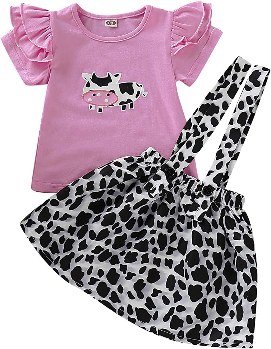Toddler Baby Girl Ruffled Fly Sleeve Cow Top Shirts + Leopard Suspender Skirts Overall Dress Clothes Set (3-4T,Leopard Cow)