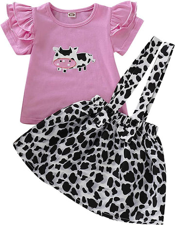 Toddler Baby Girl Ruffled Fly Sleeve Cow Top Shirts + Leopard Suspender Skirts Overall Dress Clothes Set (3-4T,Leopard Cow)
