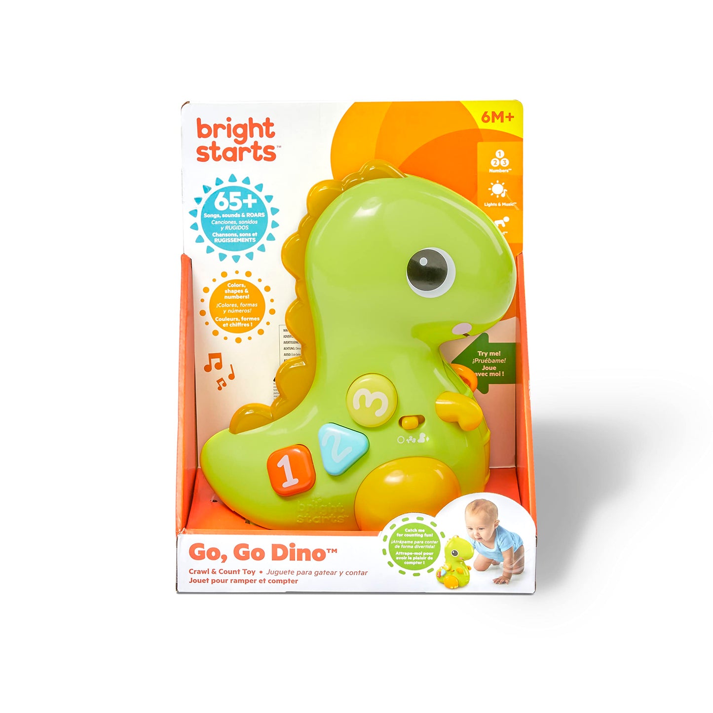Bright Starts Go, Go, Dino Crawl & Count Activity Toy for Infants - Rolls, Lights Up, Plays Music and More, Ages 6 Months+