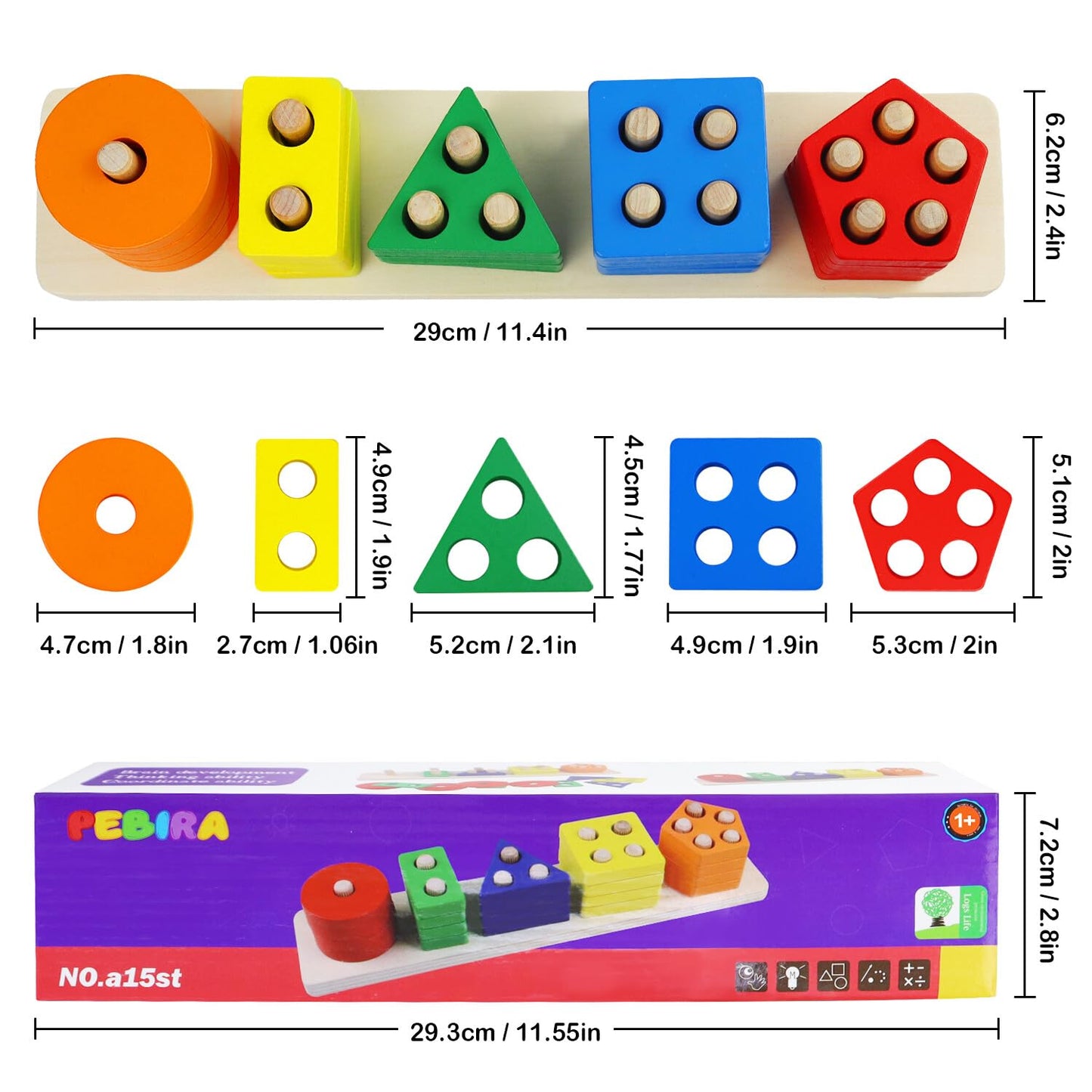 PEBIRA Montessori Toys for 1 to 3-Year-Old Boys Girls Toddlers, Wooden Sorting & Stacking Toys for Toddlers and Kids Preschool,