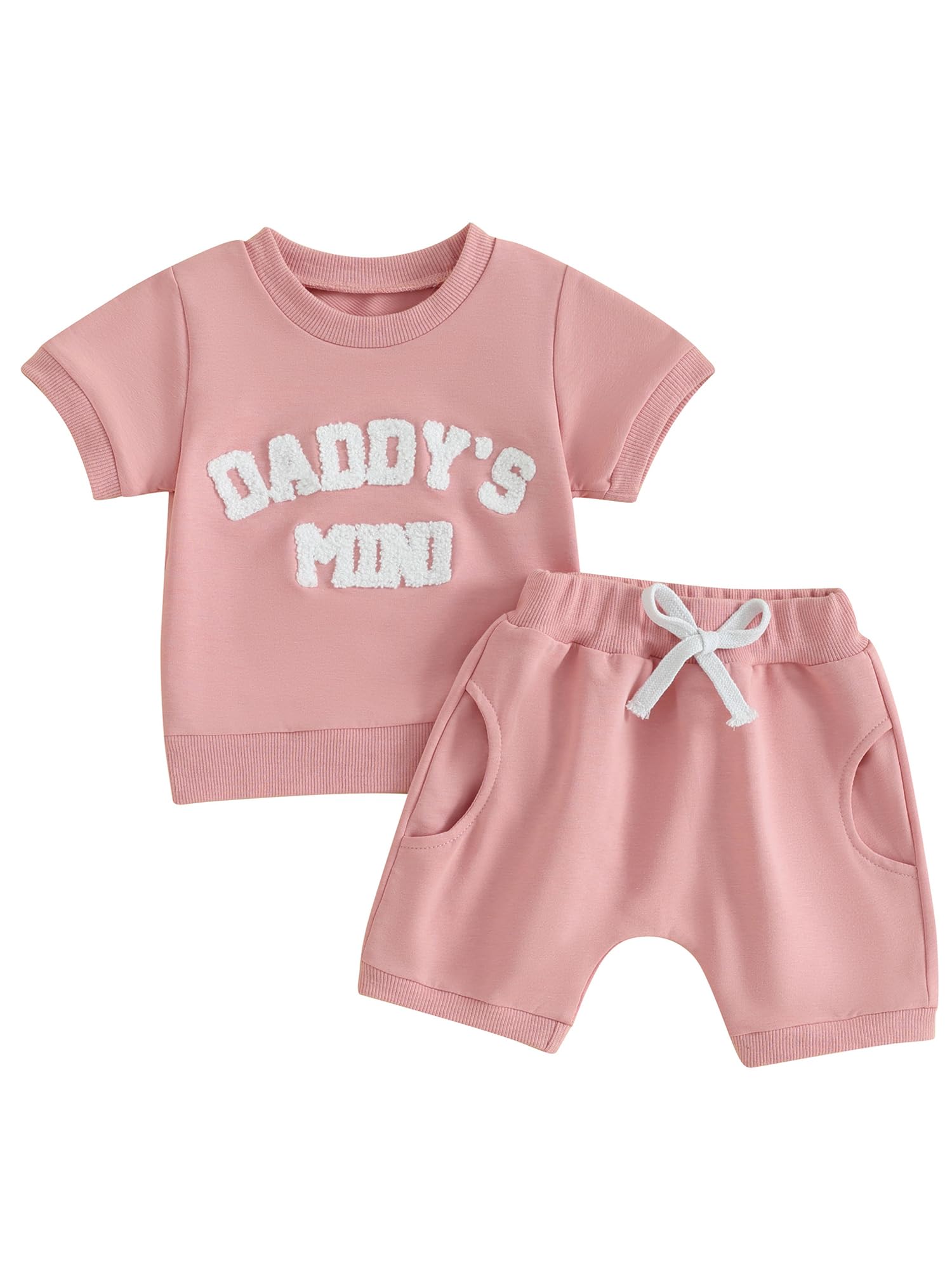 Toddler Girls Clothes Summer Outfits Baby Boy Letter Embroidery Short Sleeve T-Shirt Tops Shorts Sets (Pink Daddy s Mini, 0-6 M