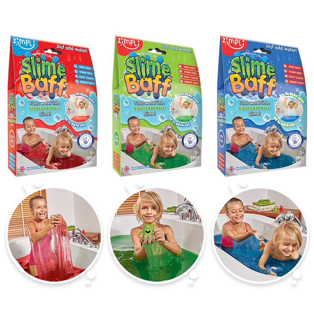 3 x Slime Baff Bundle from Zimpli Kids, Red, Green & Blue, Magically Turns Water into gooey, Colourful Slime, Slime Making Kit f