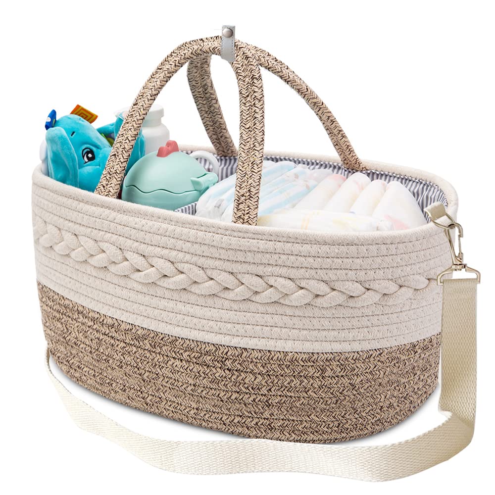 Yeayee Baby Diaper Caddy Organizer, Portable Nursery Storage Basket With Changeable Compartments, 100% Cotton Woven Rope Baskets