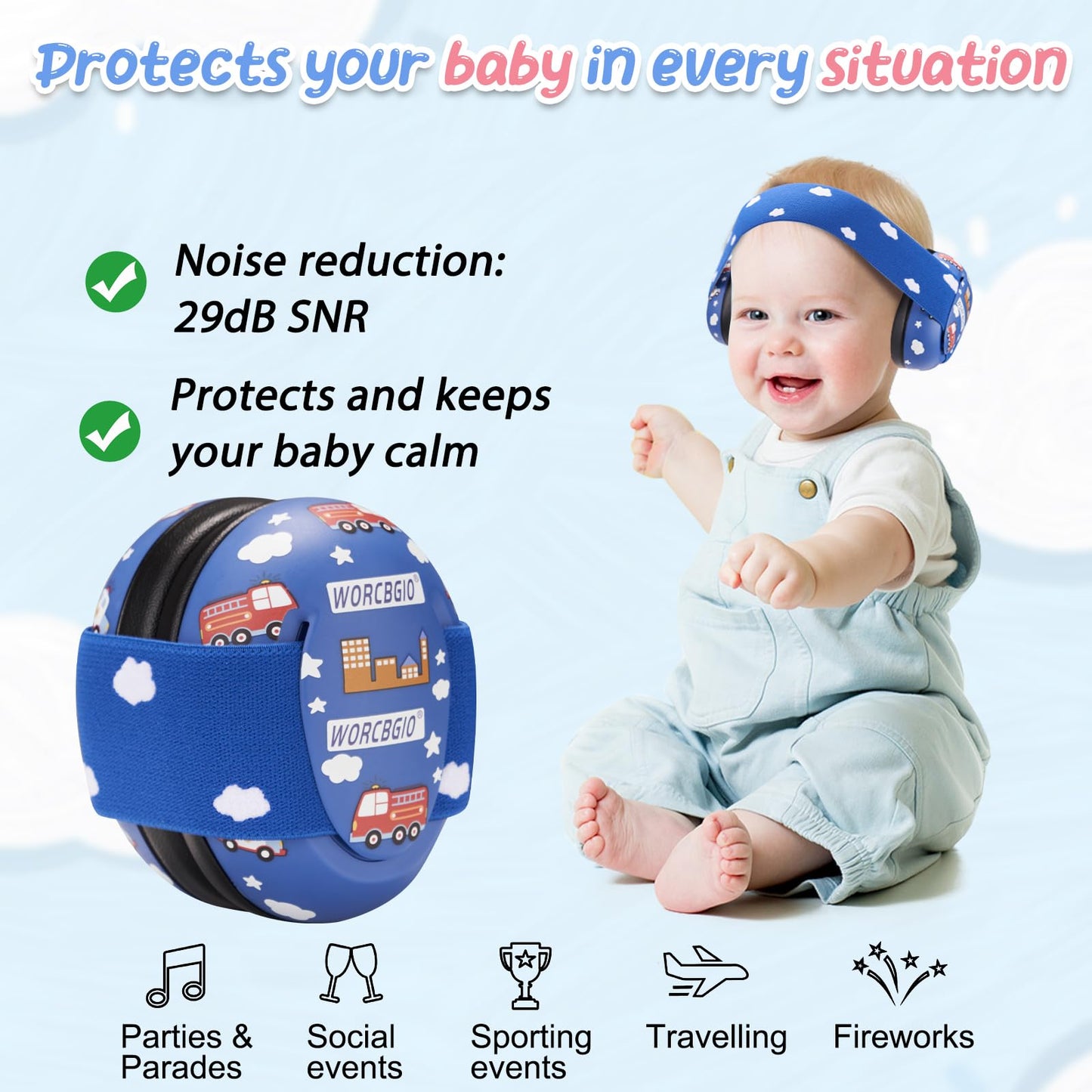 Worcbgio Infant Ear Protection Noise Cancelling Baby Ear Muffs, Toddler Hearing Protection With Adjustable Elastic Headband,Fire