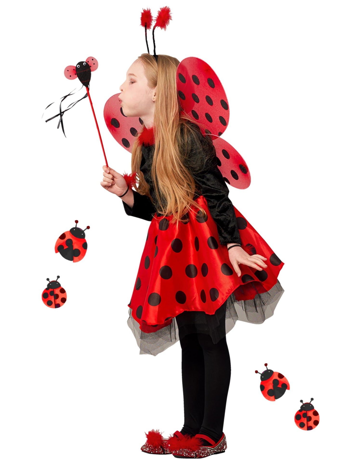Ikali Girls Ladybug Costume, Halloween Deluxe Animal Fairy Fancy Dress Outfit With Wings (10Pcs Set) 7-8 Years