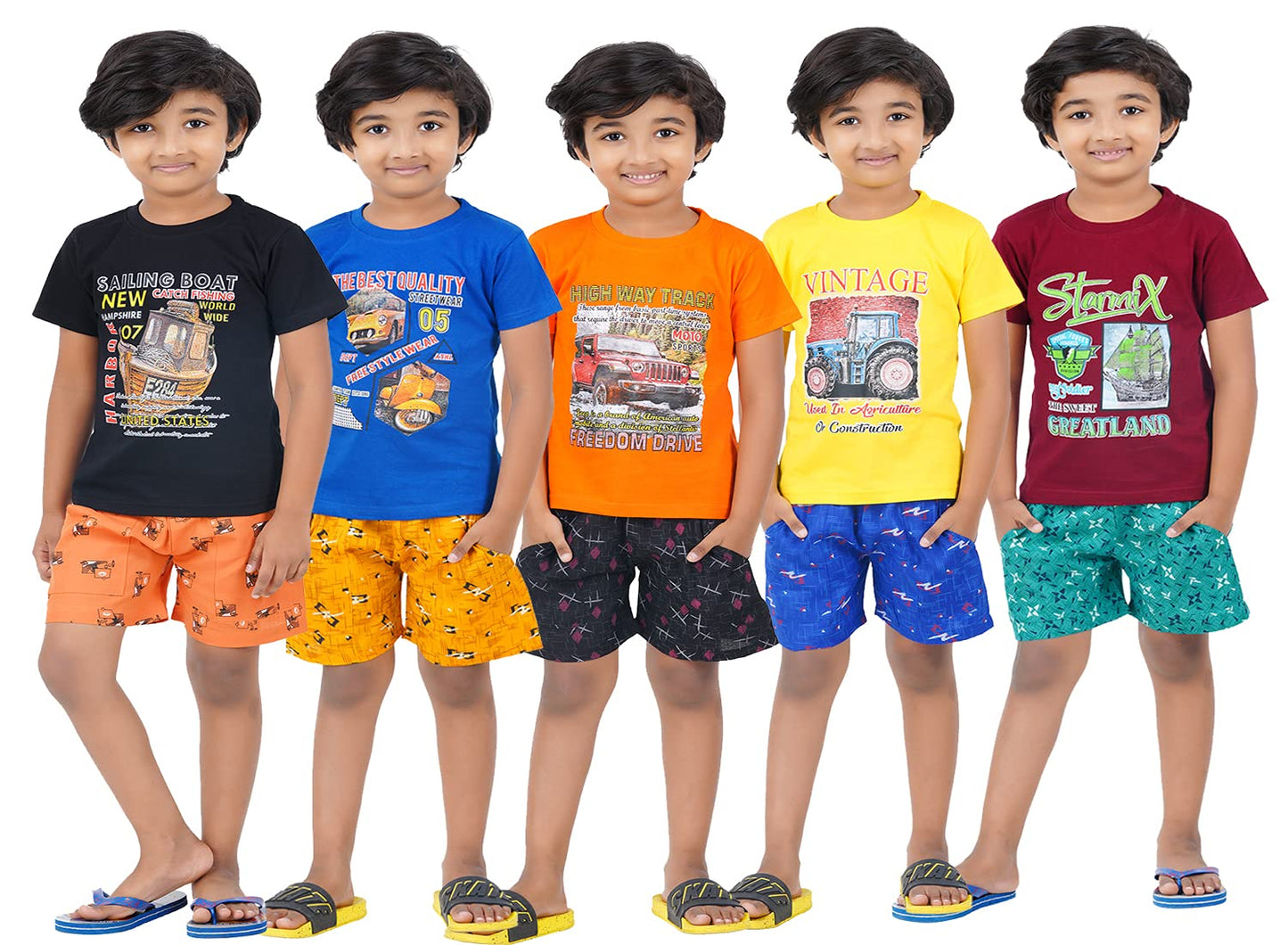 DELEDA Graphic Printed Nightwear Boys&Girls Set Pack of 5 (Black,Royal Blue,Orange,Yellow,Maroon, 23 Years)