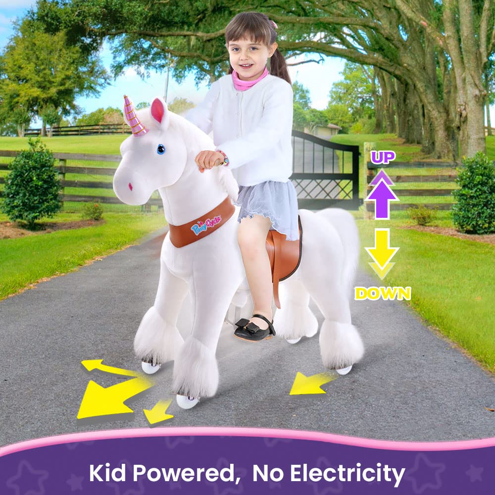 PonyCycle Official Classic U Series Ride on White Horse Unicorn Toy Plush Walking Animal Size 3 for Age 3-5 Ux304