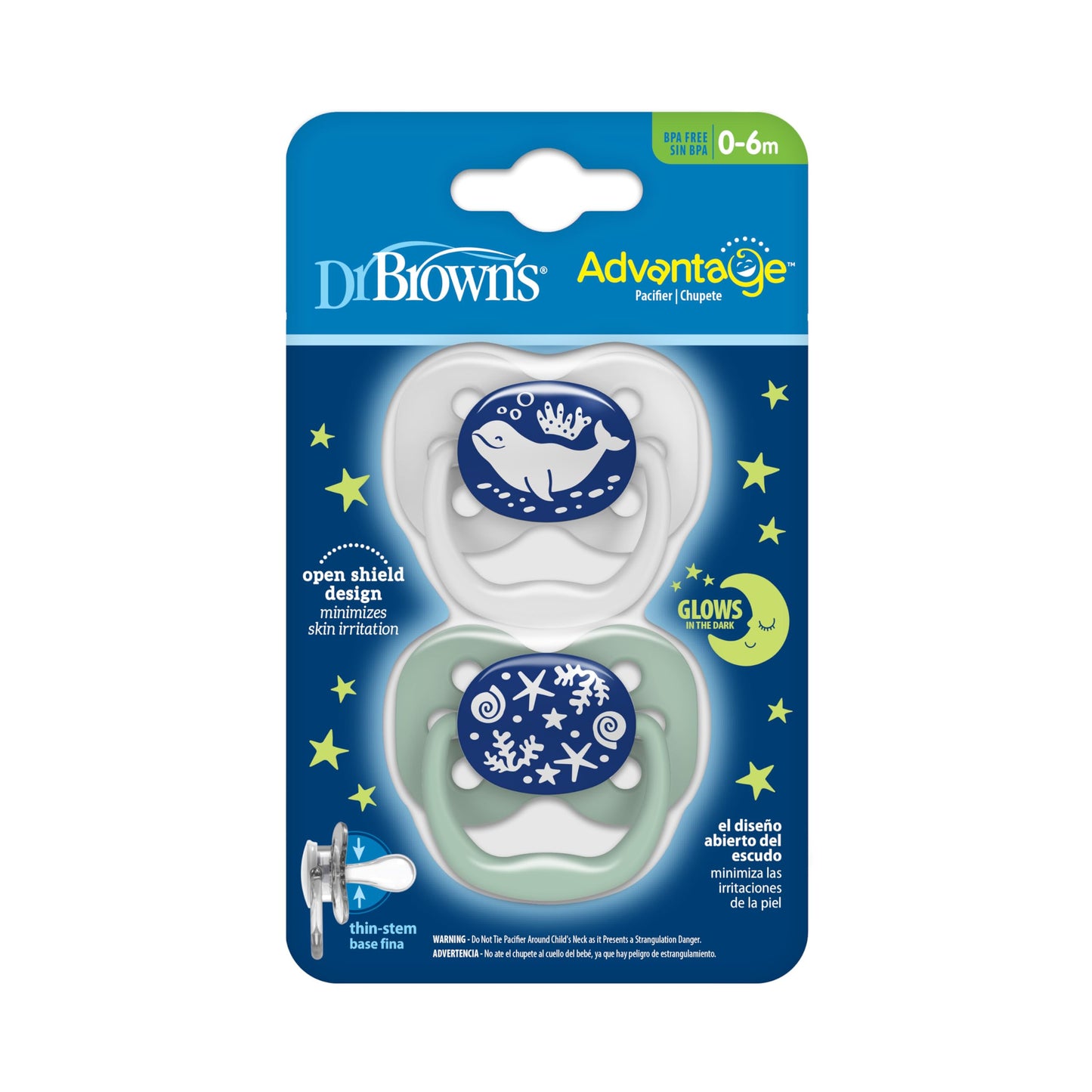 Dr. Brown'S Advantage Glow-In-The-Dark Baby Pacifier, Fully Symmetrical Soother With Soft Silicone Bulb, 0-6M, Bpa Free, Blue Oc