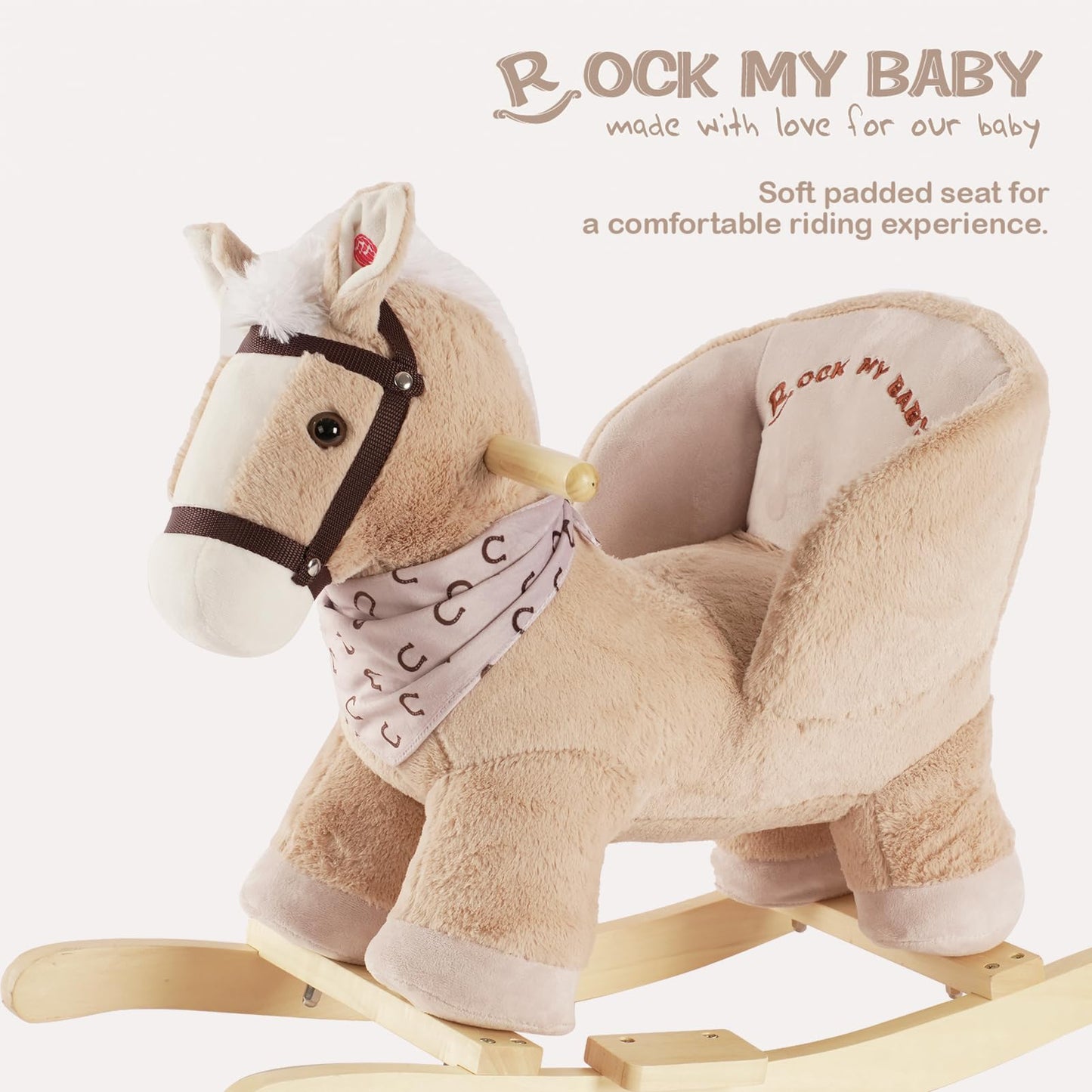 Rock My Baby Rocking Horse, Baby Animal Rocking Horse with Seat, Ride on Horse, Plush Rocking Horse with Realistic Sound, Wooden