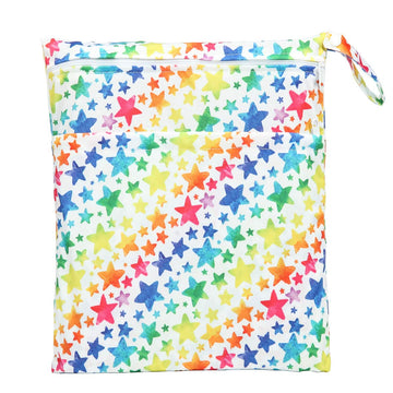 Wet Bag Baby Cloth Diaper Nappy Reusable Washable With Two Zippered Pockets (Rainbow Stars)