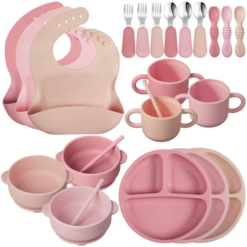 24 Pack Silicone Baby Feeding Set Baby LED Weaning Supplies Includes Suction Divided Plates Soft Bowl Spoons Forks Adjustable Bi