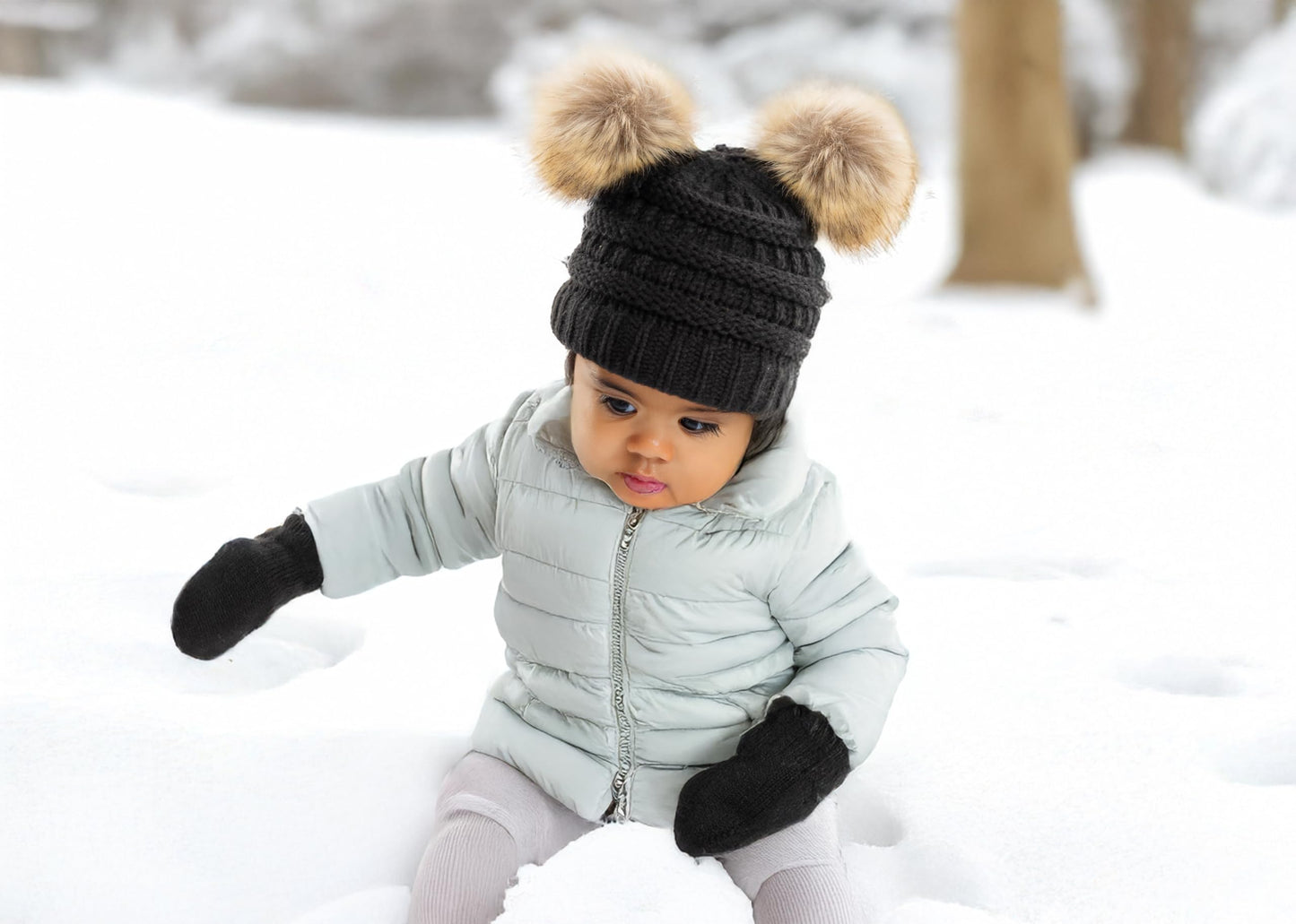 Funky Junque Exclusives Baby Girl Winter Hat Double Pom Pom Beanie, Black, Infants 0-12 Months