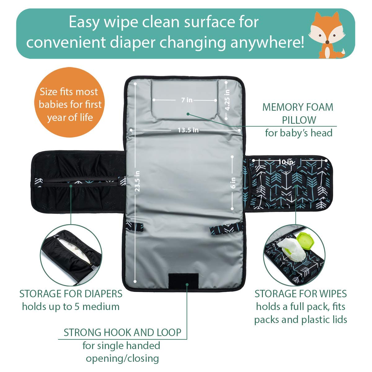 Lil Fox Portable Changing Pad - One-Hand Diaper Change Pad for Baby Diaper Bag or Changing Table. Unisex Baby Shower Gifts, Newb