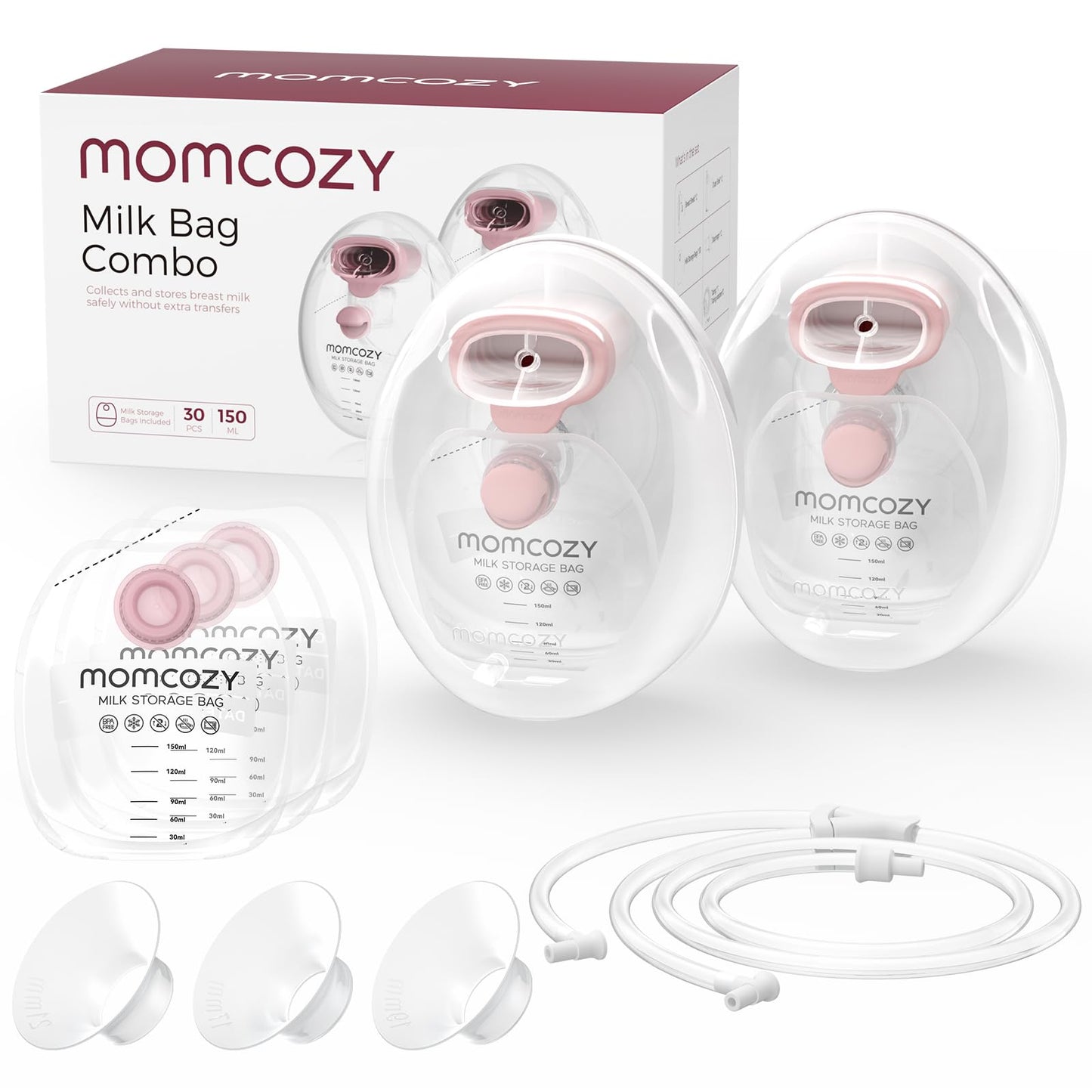 Momcozy Wearable Milk Collection Cups with Storage Bags (5 oz), Direct-to-Bag Breast Milk Bag Combo, Breast Pump Parts for Momco