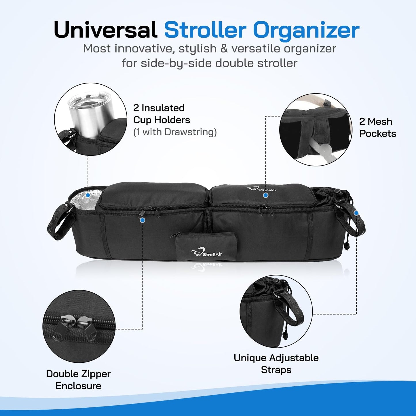 Strollair - Universal Best Double Parent Stroller Organizer Caddy Insulated Cup Holder Console Side-By-Side Mountain Buggy Twin