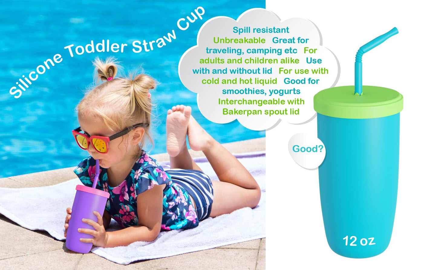 Bakerpan Silicone Straw Cup For Toddlers And Kids, 12 Ounce Silicone Cups With Straw (Purple)