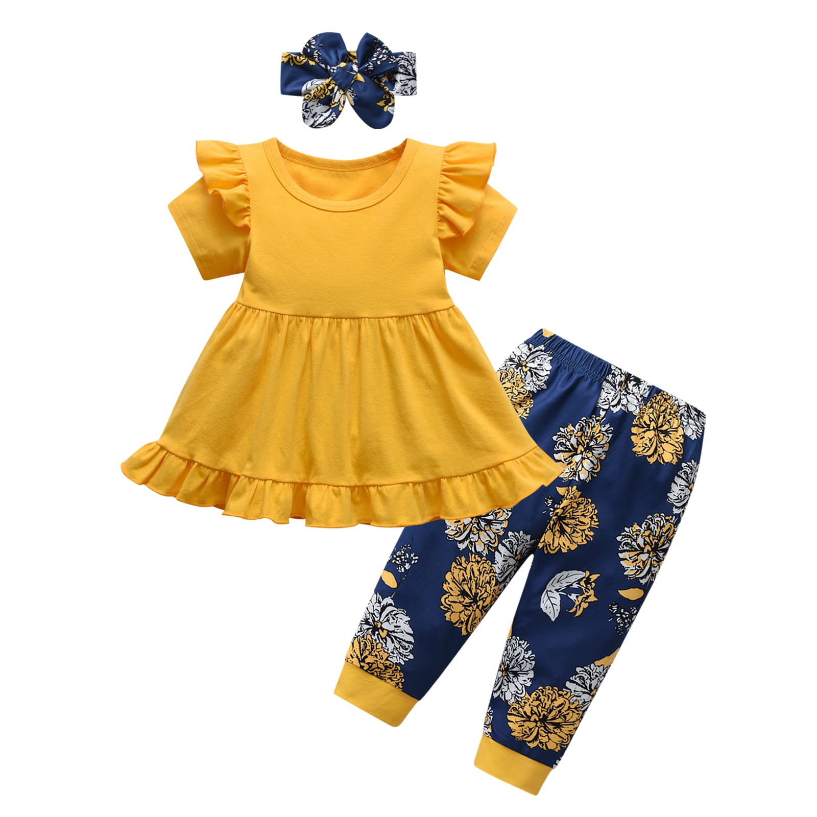 Kulcerry Toddler Baby Girl Clothes Solid Color Short Sleeve Ruffle Tops Floral Pants Headband Outfits Set (3-4T, Yellow