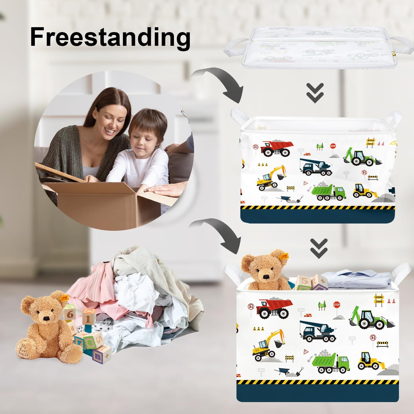 Clastyle Cartoon Construction Truck Shelf Basket Nursery Boy Room Car Decor Gift Basket Rectangle Bulldozer Excavator Basket Blu