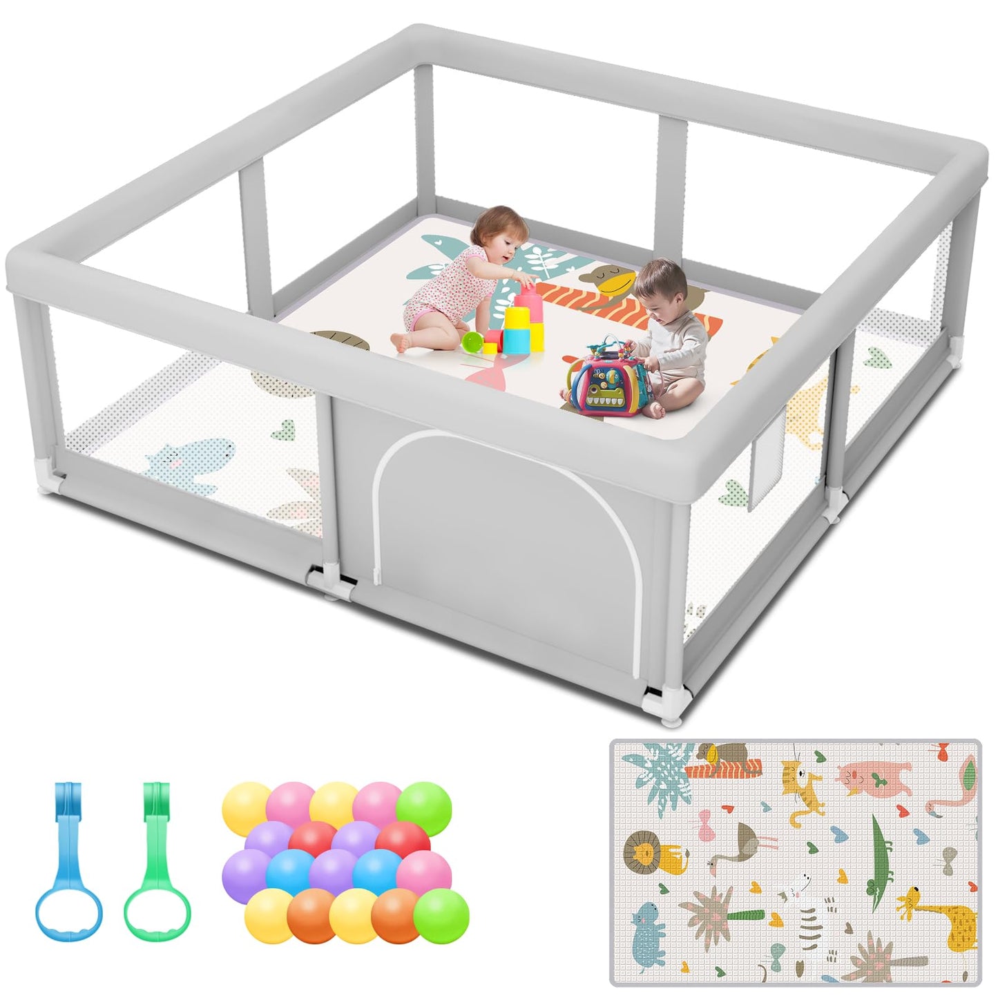 Baby Playpen with Mat and Ocean Balls 50x50 Inch, Play Pen for Babies and Toddlers with Gate, Baby Fence Sturdy Safety Playpen, 