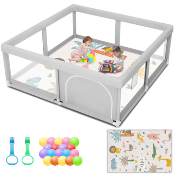 Baby Playpen with Mat and Ocean Balls 50x50 Inch, Play Pen for Babies and Toddlers with Gate, Baby Fence Sturdy Safety Playpen, 