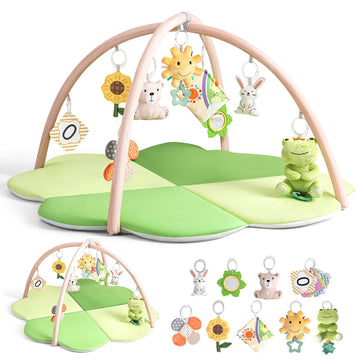 Baby Play Mat, Tummy Time Mat for Sensory Development, 4-Leaf Clover Baby Play Mat & Gym with 9 Detachable Toys, Portable & Easy