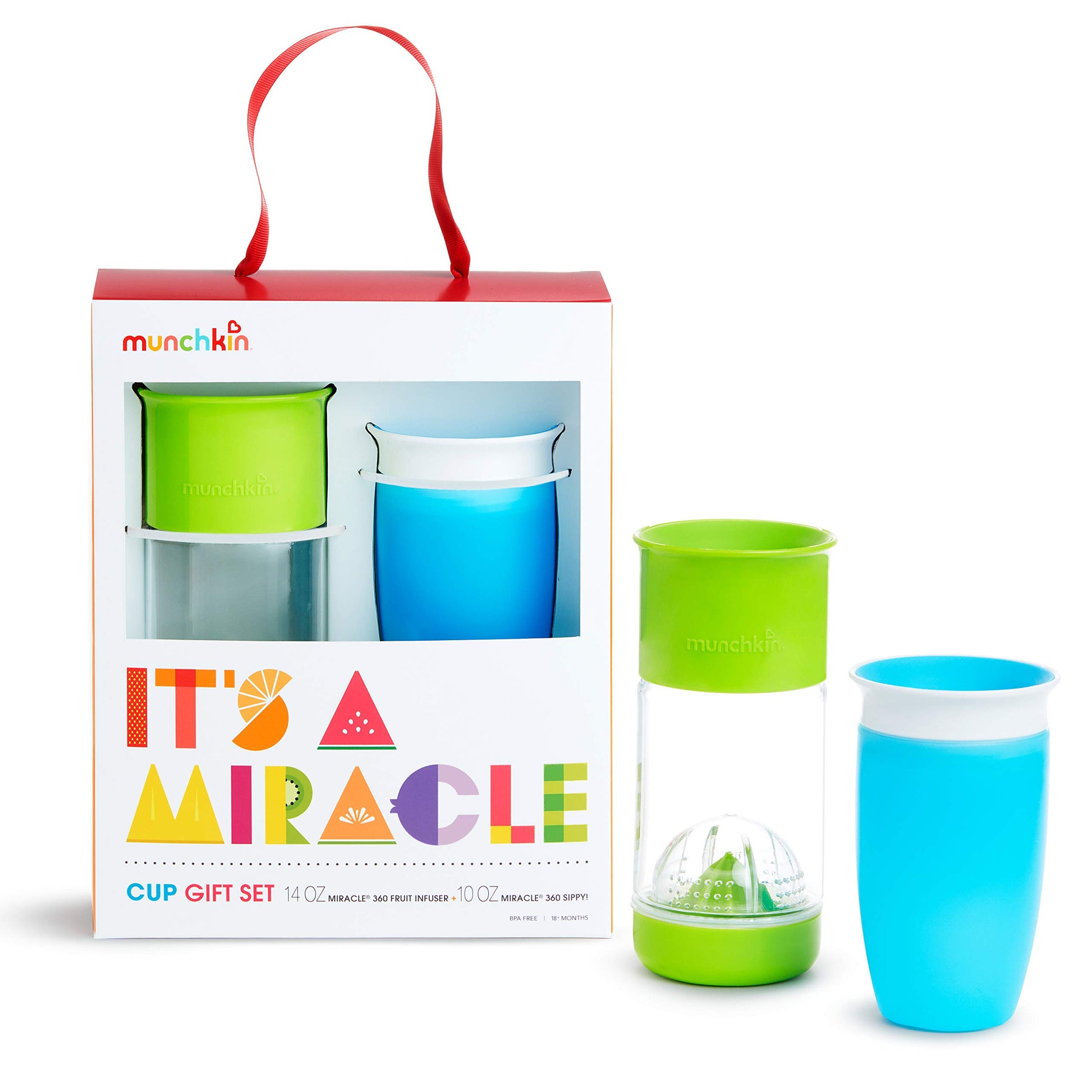 Munchkin It'S A Miracle! 360 Sippy Cup Gift Set, Includes 10Oz Miracle Cup And 14Oz Miracle Fruit Infuser, Blue/Green