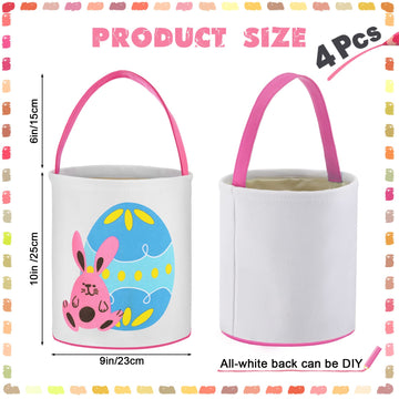 4 Pcs Easter Bunny Basket For Kids Easter Basket Bags Fluffy Tails Printed Rabbit Canvas Toys Bucket Tote Easter Tote Bag With H