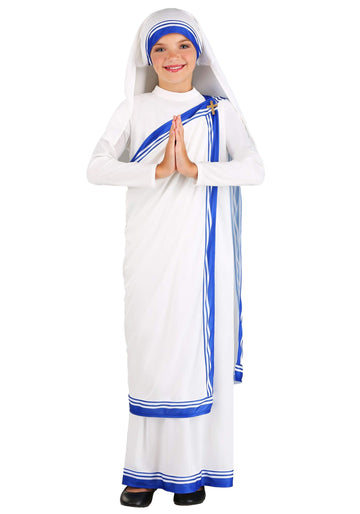 Girls Mother Teresa Halloween Costume | Kids Saint Teresa of Calcutta Sari Dress | Outfit for Religious or Historical Dress-Up S