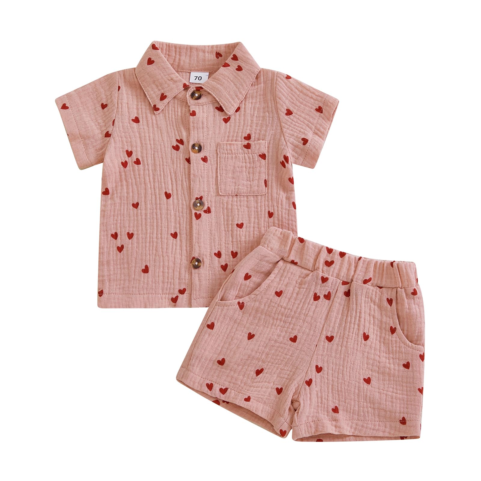 KtwHarnu Toddler Baby Boy Valentines Day Outfit Heart Print Cotton Linen Short Sleeve Button Down Shirt and Shorts Set (Pink, 18