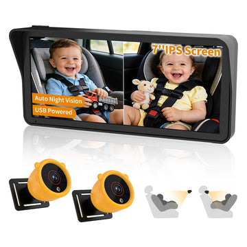 Baby Car Camera for 2 Kids, 7 Ultrawide Split Screen, 1080P Dual Carseat Cameras with Auto IR Night Vision/150 Wide View/360 Rot