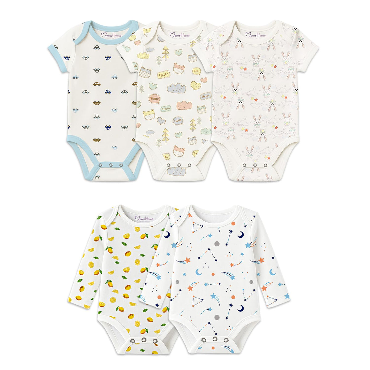 Moms Home Organic Cotton Baby Bodysuit Romper | Pack Of 5 | 03 Months