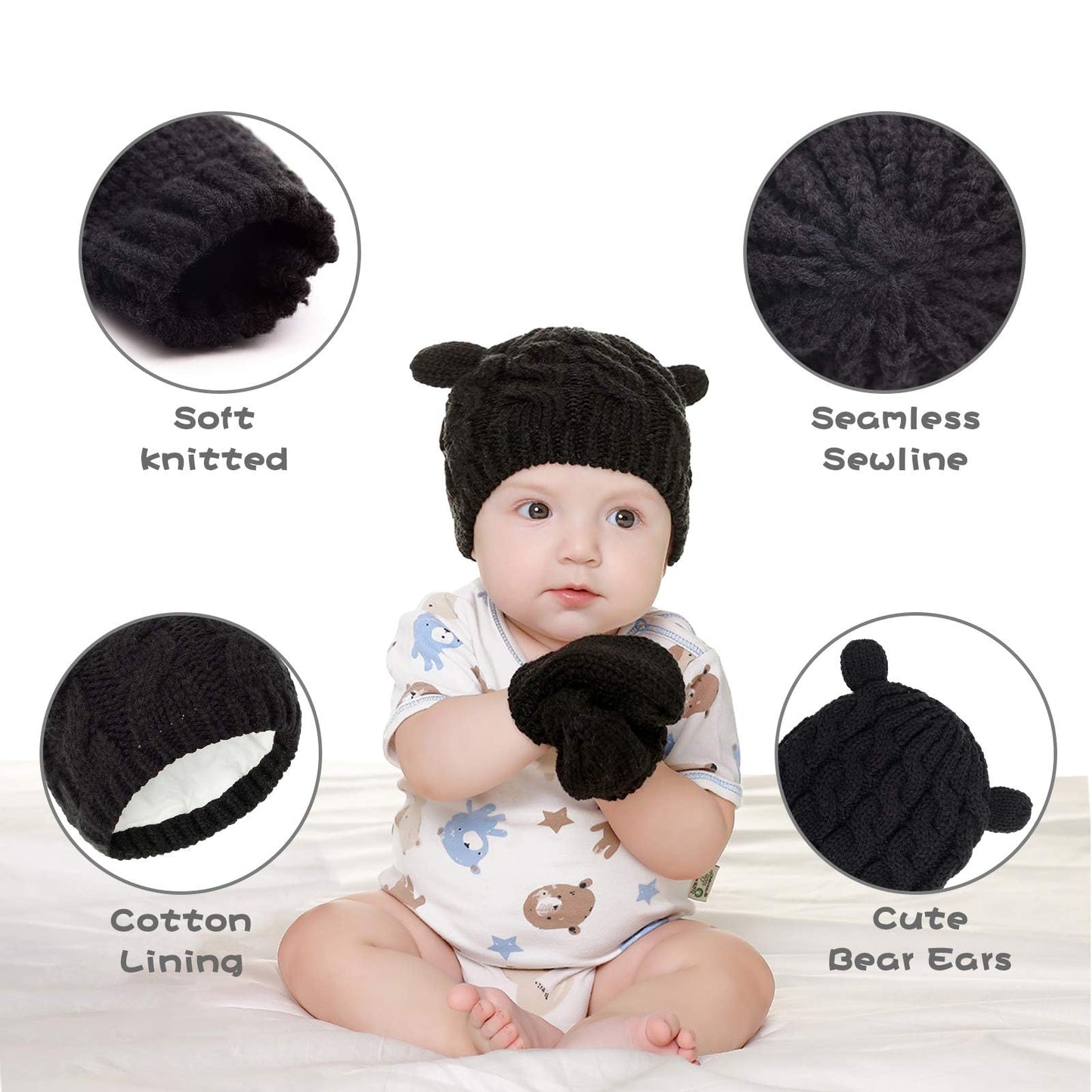 Unisex Baby Toddler Hat And Mitten Set Winter Knitted Thick Warm Beanie Cap Gloves For Infant Boys Girls (Black, M (3-6 Months))