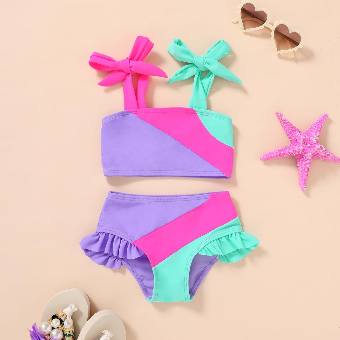 Younger Tree Toddler Girls Two Pieces Swimsuit Color Block Stripe Swimwear Summer Beach Bathing Suit 18M-5T(Purple#Green 18-24 M