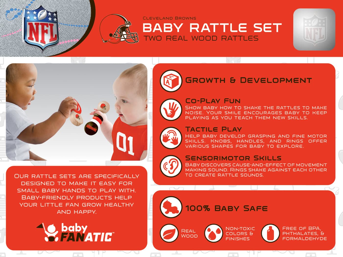 Baby Fanatic Wood Rattle 2 Pack - NFL Cleveland Browns - Officially Licensed Baby Toy Set
