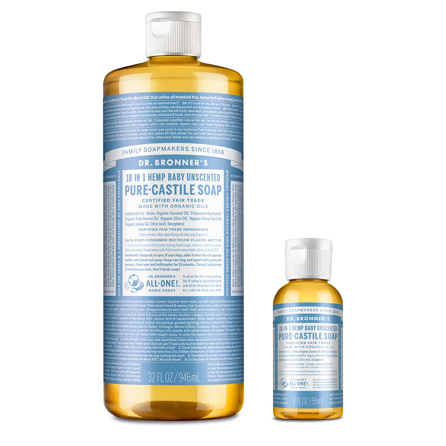 Dr. Bronners Pure-Castile Liquid Soap - Baby Unscented Bundle. 32 oz. Bottle and 2 oz. Travel Bottle