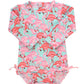RuffleButts Baby Girls UPF 50+ Sun Protection Tropical Print Long Sleeve One Piece Rash Guard Swimsuit with Zipper - Fab Flaming