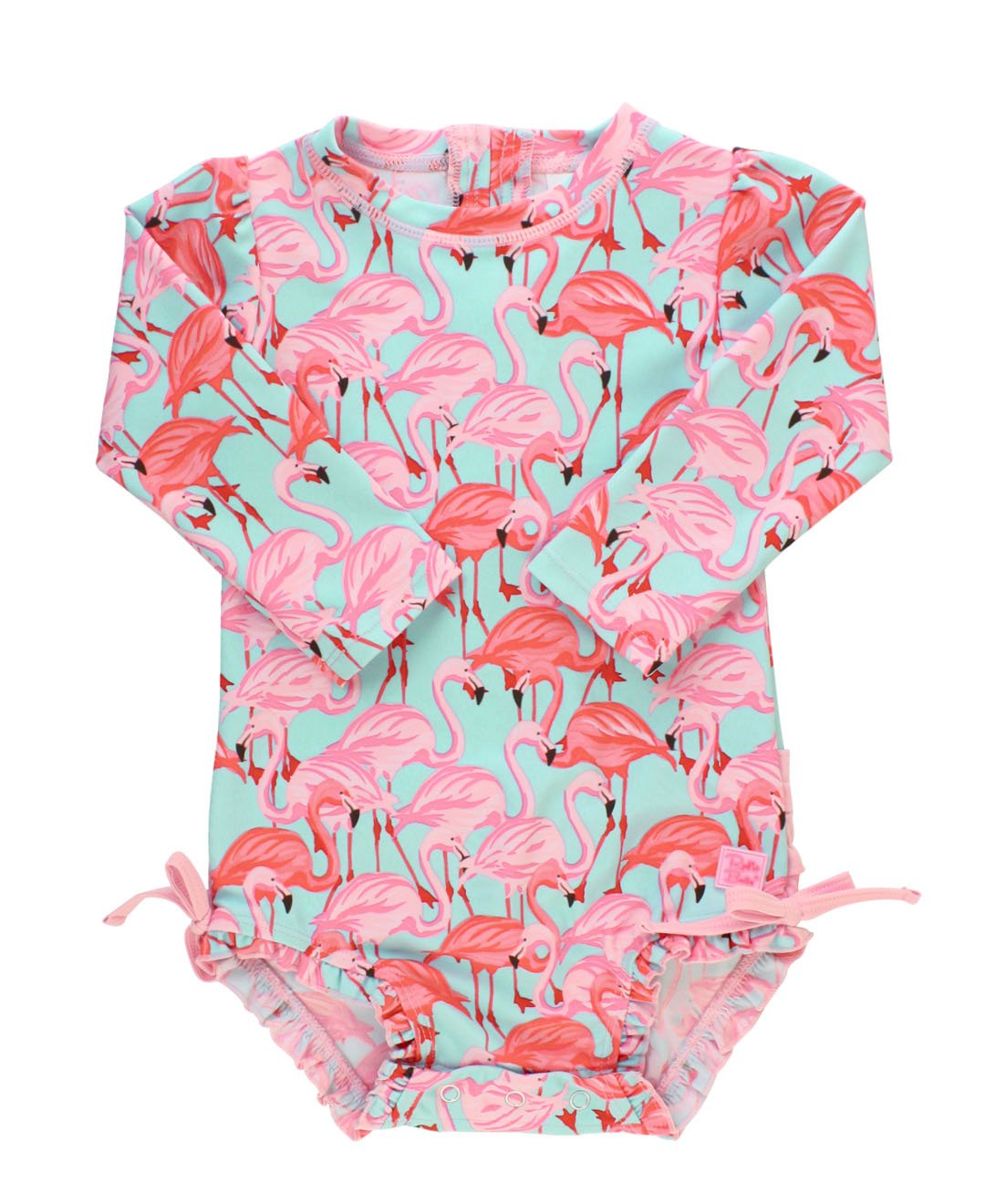 RuffleButts Baby Girls UPF 50+ Sun Protection Tropical Print Long Sleeve One Piece Rash Guard Swimsuit with Zipper - Fab Flaming