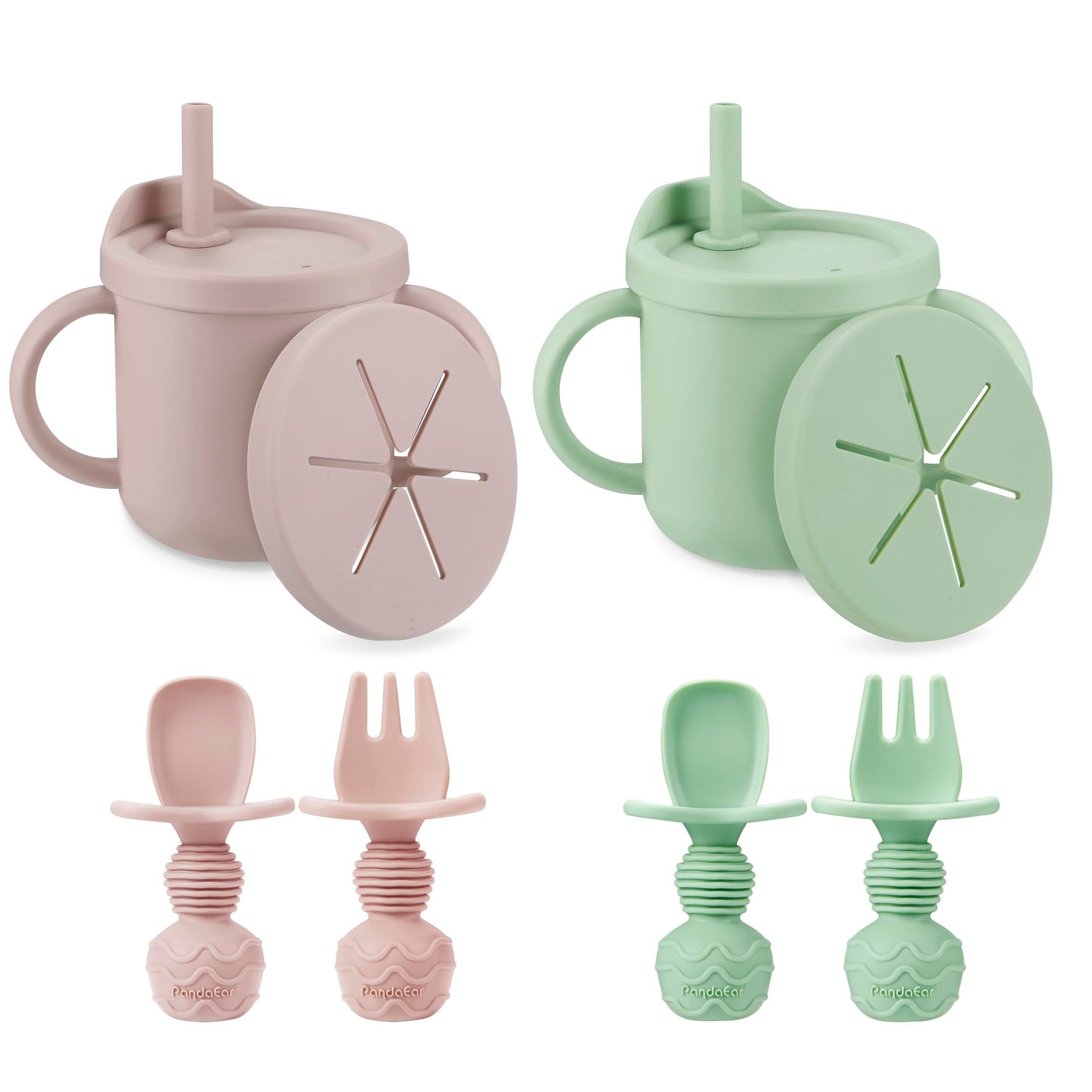 PandaEar 2 Pack Silicone Baby Straw & Snack Cup with 2 Spoons 2 Forks, Dual-Purpose Toddler Training Cups, Pink Green