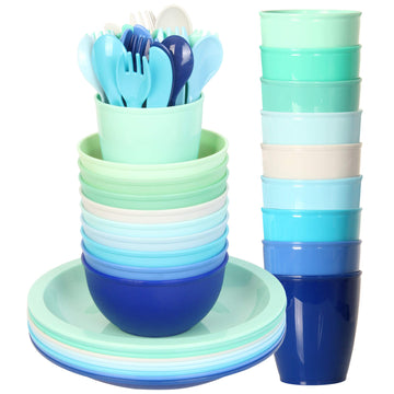 Youngever 54 Pcs Plastic Kids Dinnerware Set Of 9 In 9 Coastal Colors, Toddler Dining Set, Cups, Kids Plates, Kids Bowls, Flatwa