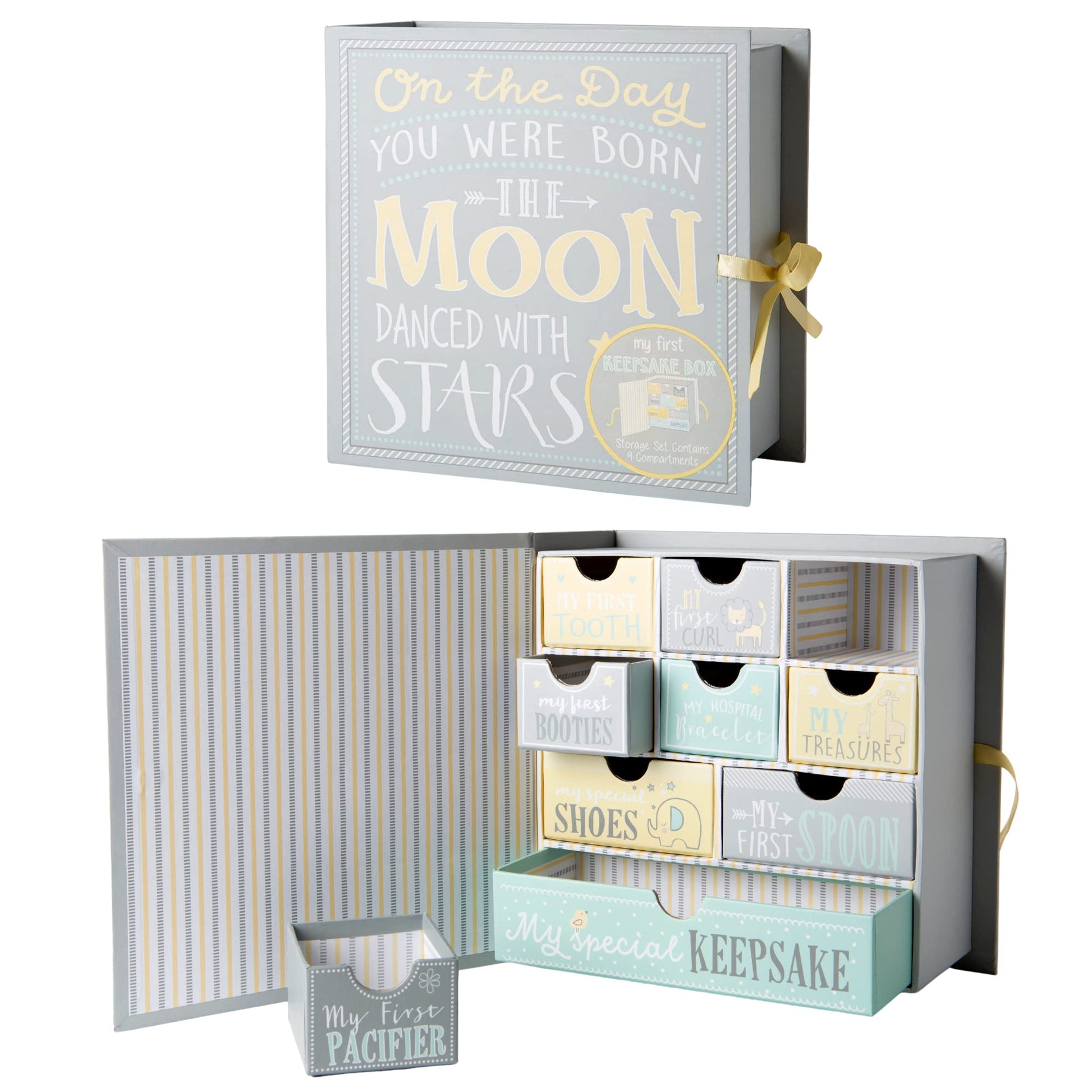 Votum Baby Keepsake Box For Treasured Memories, Moon & Stars - Lightweight, Handcrafted Baby Boxes With 9 Labeled Compartments F