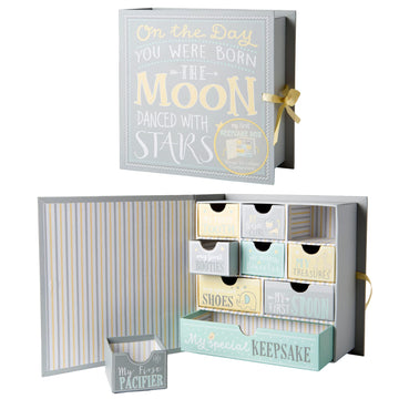 Votum Baby Keepsake Box For Treasured Memories, Moon & Stars - Lightweight, Handcrafted Baby Boxes With 9 Labeled Compartments F