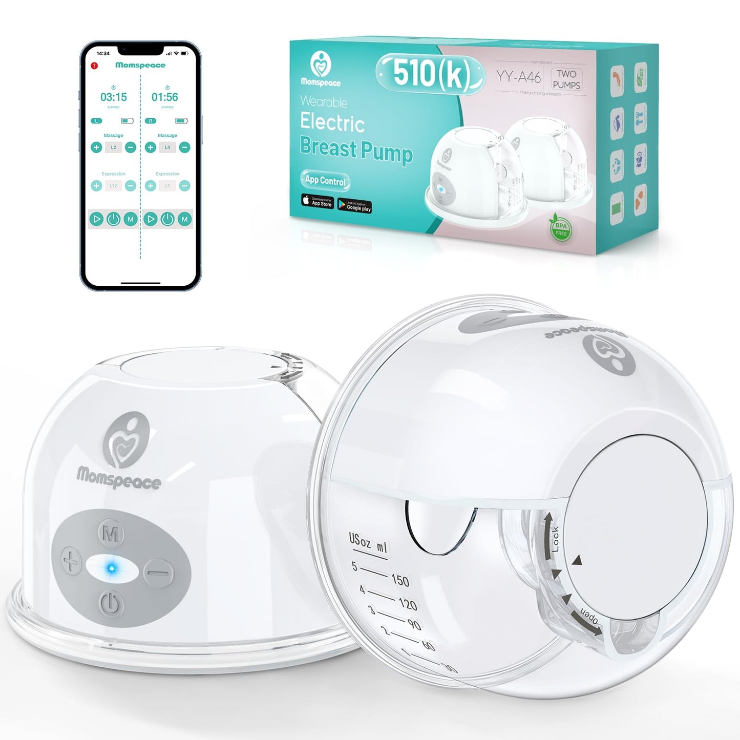 Hands Free Breast Pump, Momspeace Breast Pumps With App & Timer, Wearable Breast Milk Pump Hand Free, Wireless Portable Electric