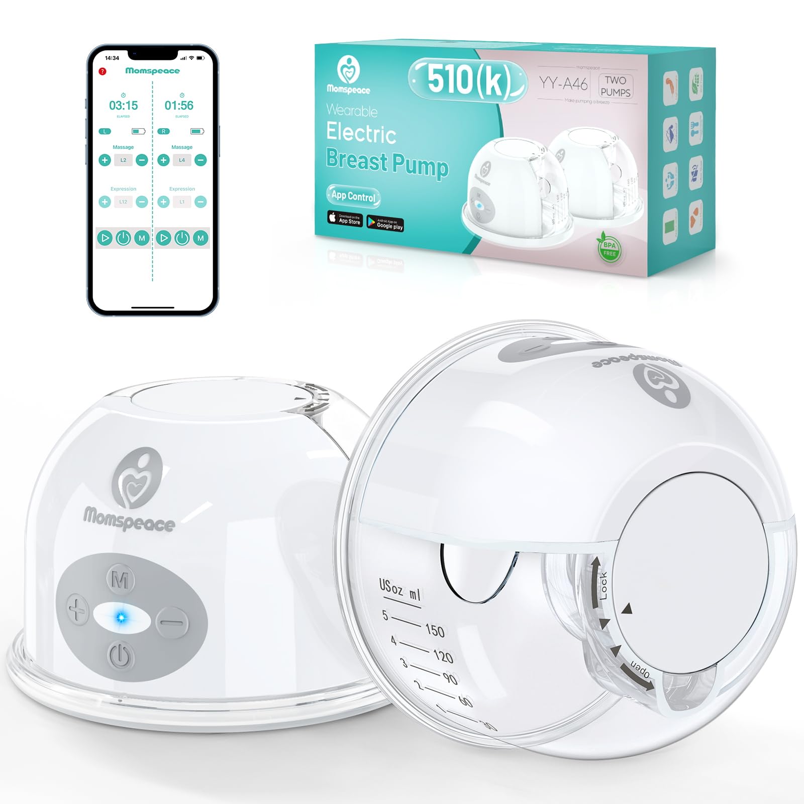 Hands Free Breast Pump, Momspeace Breast Pumps With App & Timer, Wearable Breast Milk Pump Hand Free, Wireless Portable Electric