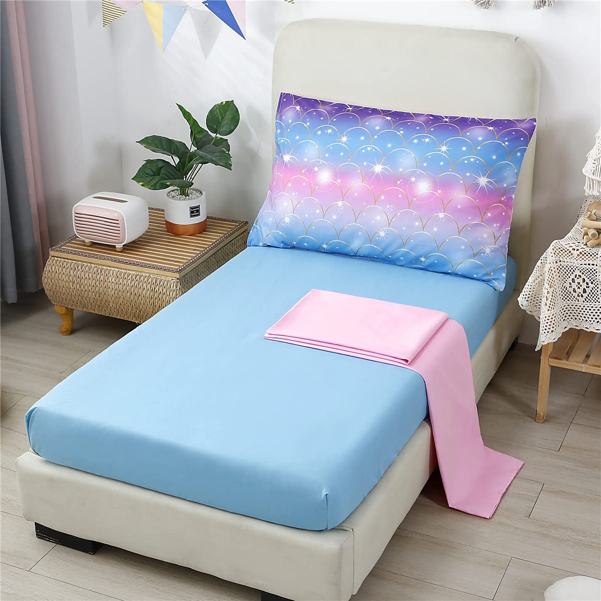 Urbonur 4 Piece Toddler Bedding Set Rainbow Colorful Mermaid Toddler Bedding Set For Girls Bed, Include Comforter, Fitted Sheet,