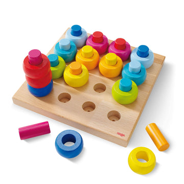 HABA Rainbow Whirls Wooden Sorting & Stacking Rings - Encourages Fine Motor Skills, Color Recognition and Patterns (Made in Germ
