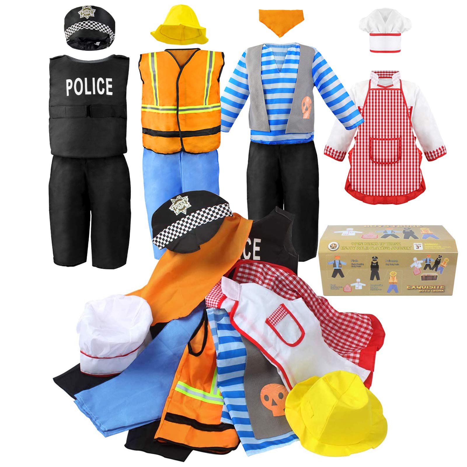 Jeowoqao Boy'S Dress Up Costumes Set, Role Play Set 11-Pcs Trunk Pirate, Chef, Construction Worker, Policeman Costume Fit Kids G