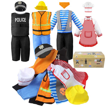 Jeowoqao Boy'S Dress Up Costumes Set, Role Play Set 11-Pcs Trunk Pirate, Chef, Construction Worker, Policeman Costume Fit Kids G