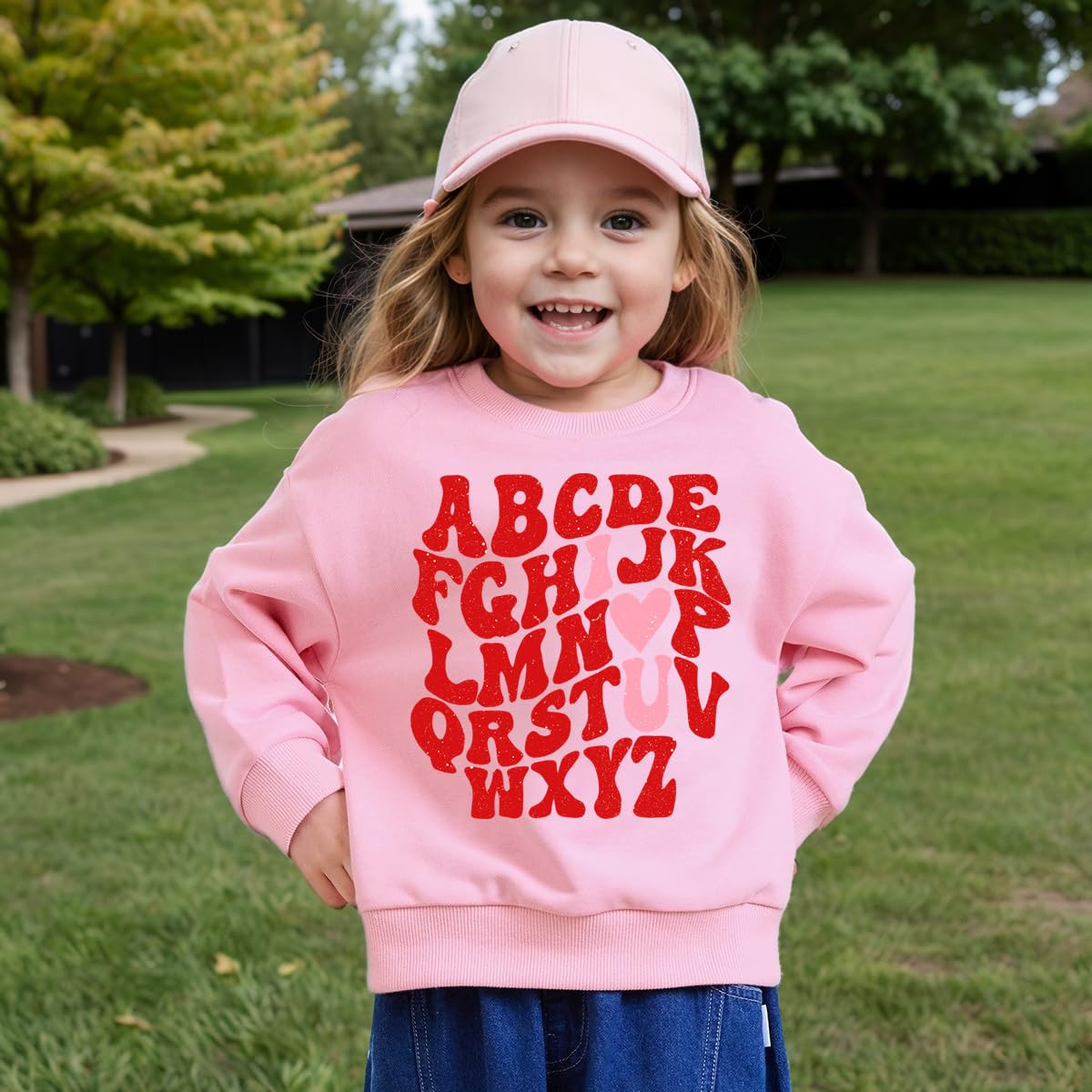 Geoyune Toddler Girl Valentine Sweatshirt Kids Abc I Love U Valentine'S Day Shirt Baby Girls Heart Print Clothes Long Sleeve Pul